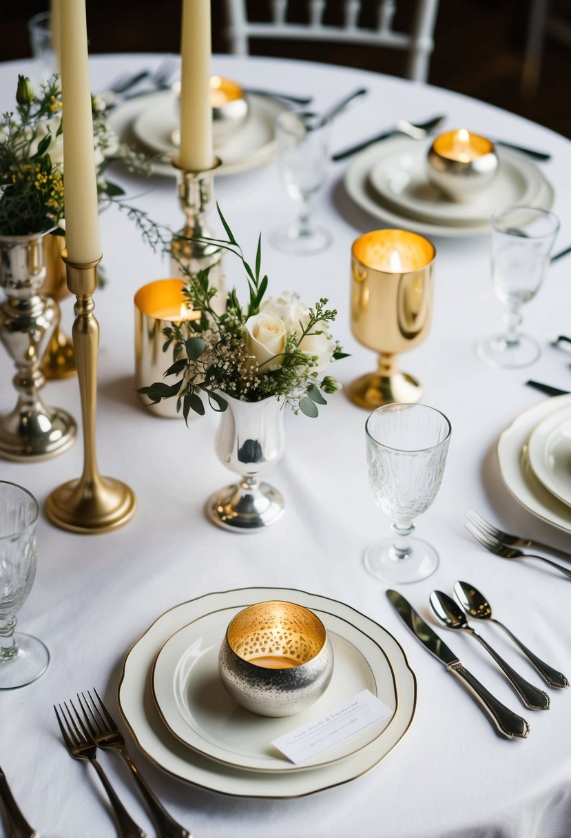 A white tablecloth adorned with gold and silver candle holders, vases, and cutlery. Delicate floral arrangements in gold and silver vases