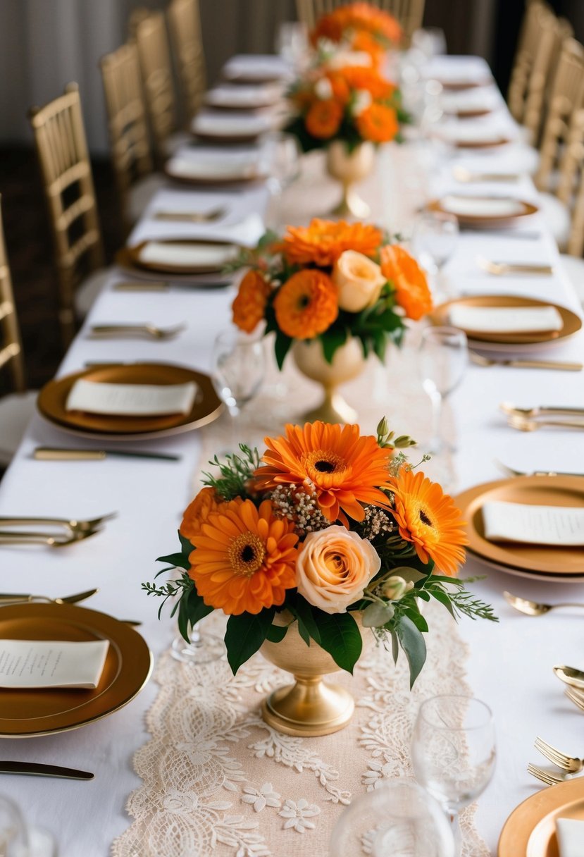 An elegant table set with orange floral centerpieces, gold accents, and delicate lace table runners