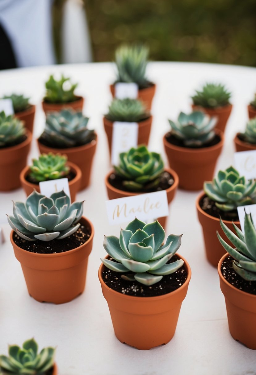 Small potted succulents arranged as wedding table decorations, with name tags as favors