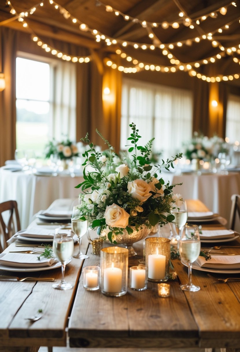 A rustic wooden table adorned with elegant indoor wedding decorations