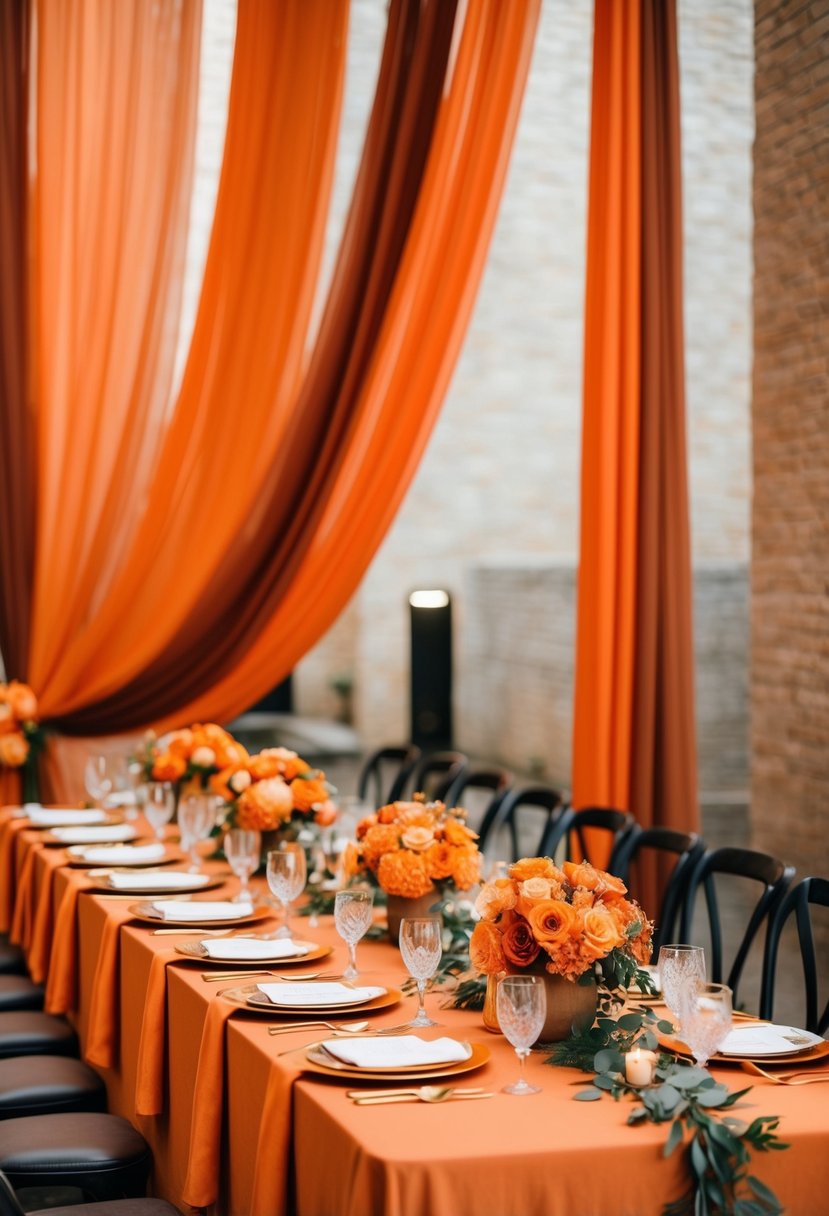 Tangerine and rust-hued drapes cascade over a table adorned with orange wedding decorations