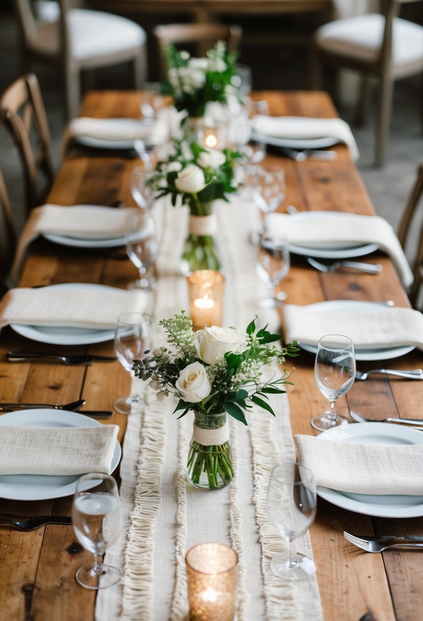 A rustic wooden table adorned with textured linen runners, set for a wedding celebration