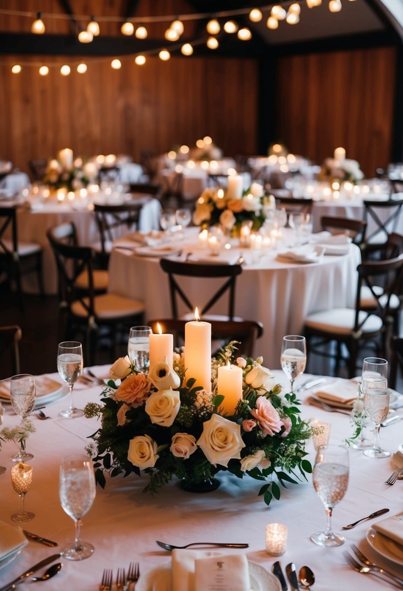 Candlelit tables adorned with romantic floral arrangements for an indoor wedding