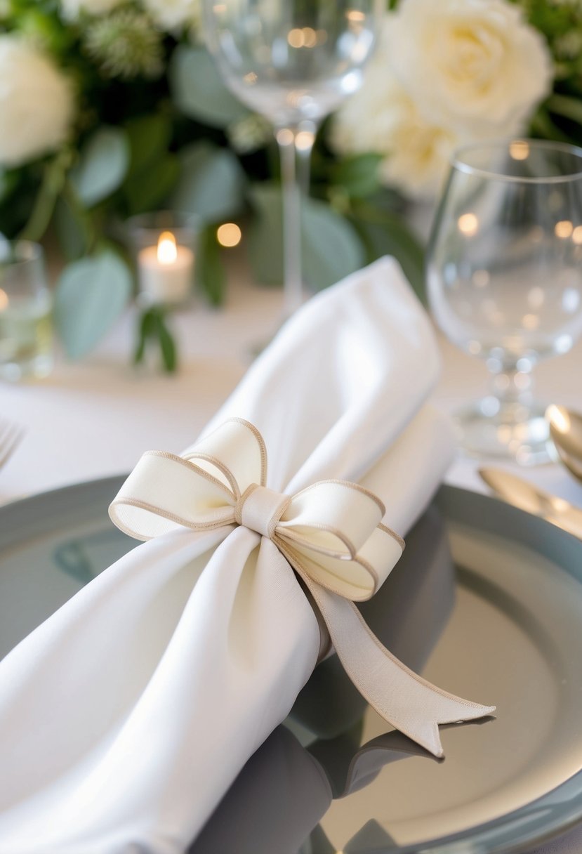 A table set with elegant napkin rings made from ribbons, adorned with delicate bows, perfect for a wedding reception