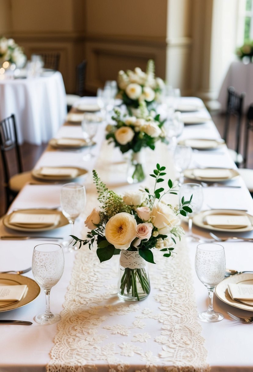 A table with vintage lace runners, adorned with delicate floral centerpieces, set in an elegant indoor wedding reception