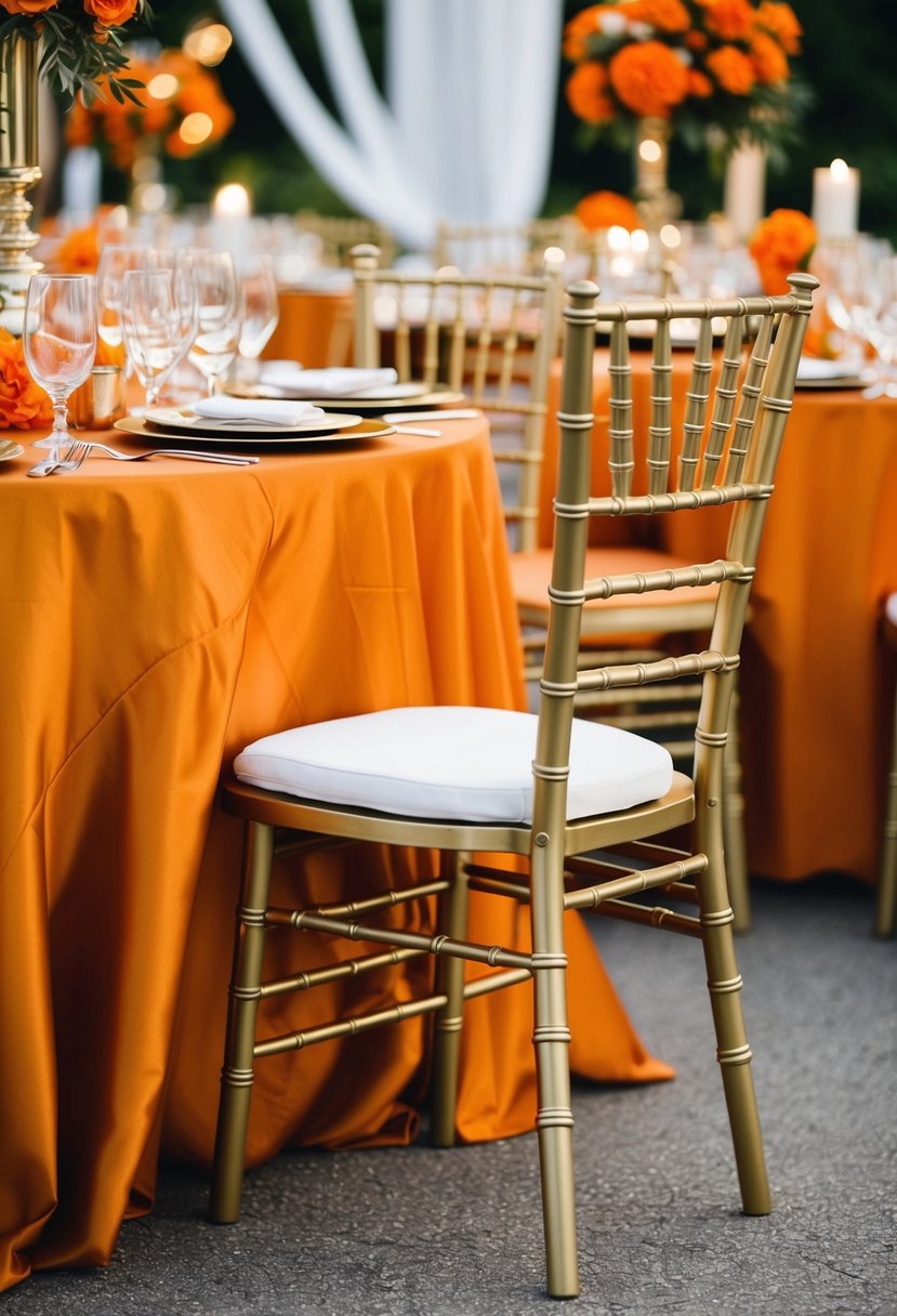 Metallic gold Chiavari chairs surround an orange-themed wedding table with elegant decorations