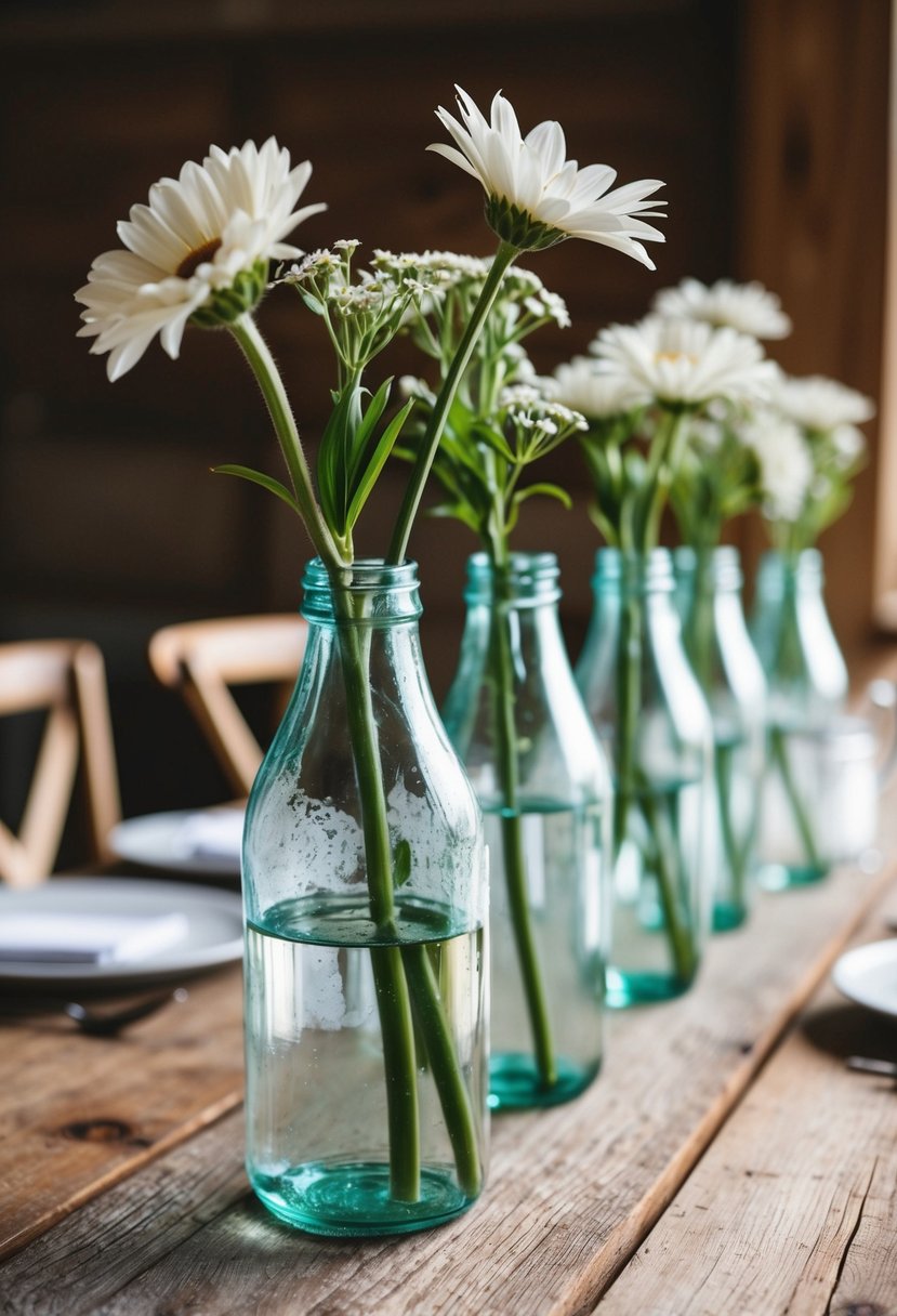 Glass bottles hold single stem flowers on a rustic wooden table for wedding decor