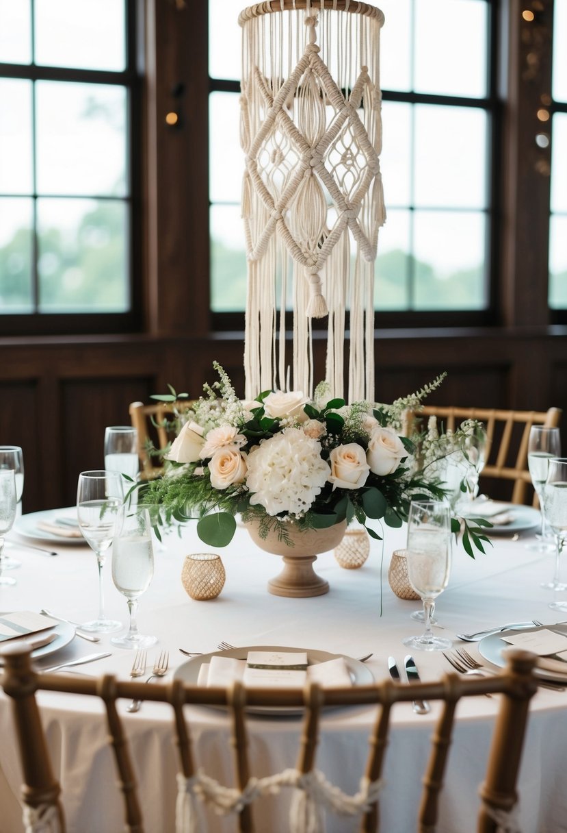 A table adorned with elegant macramé decorations for an indoor wedding