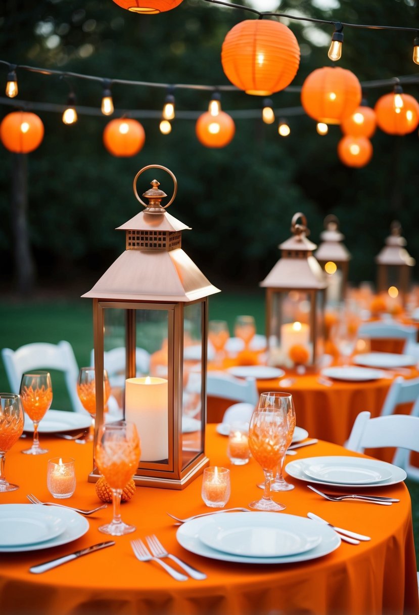 Bronze lanterns illuminate orange-themed wedding tables