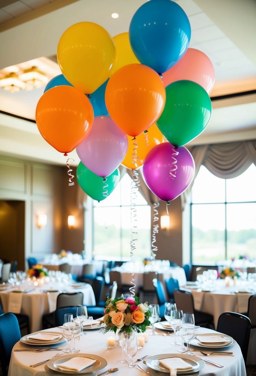 Colorful balloons float above elegant table settings at an indoor wedding, adding a whimsical touch to the decor