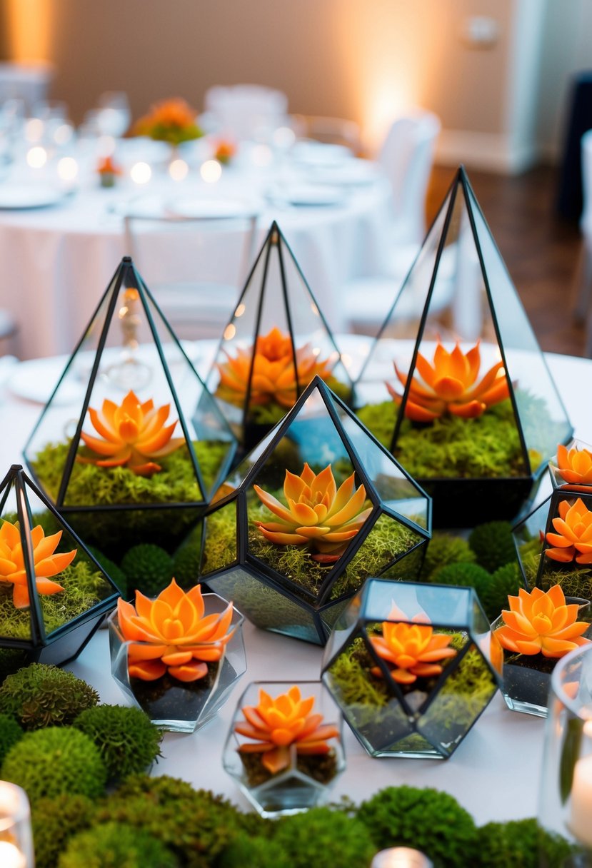 A cluster of geometric terrariums in various sizes and shapes, filled with vibrant orange succulents and moss, serving as elegant accents on a wedding reception table