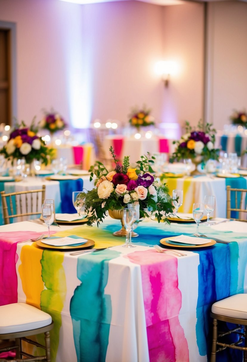 Vibrant watercolor tablecloths drape over tables adorned with elegant floral centerpieces, creating a picturesque indoor wedding reception setting