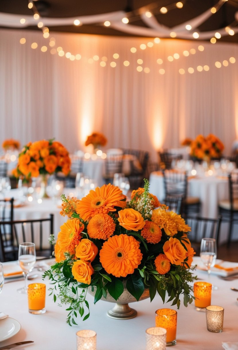 Vibrant orange floral centerpieces adorn a wedding reception table, creating a warm and inviting atmosphere