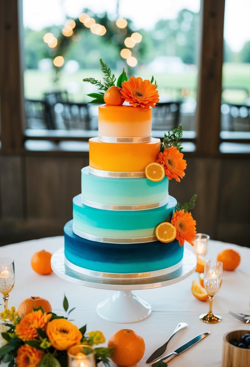 A tiered ombre cake with orange floral and fruit decorations on a wedding table