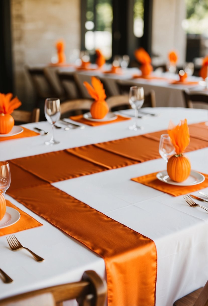 A burnt orange and white table runner drapes across a table, adorned with orange wedding decorations