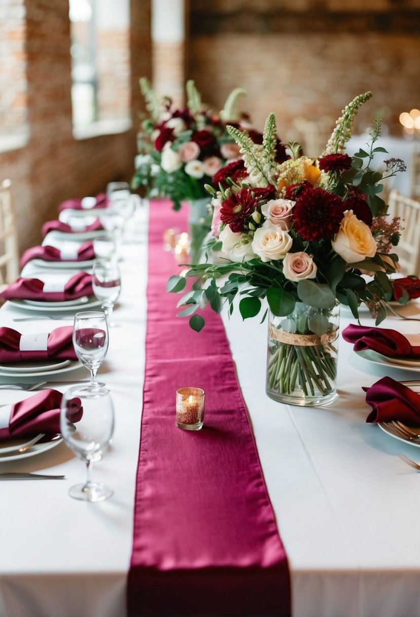 A table adorned with silk runners, napkins, and floral arrangements