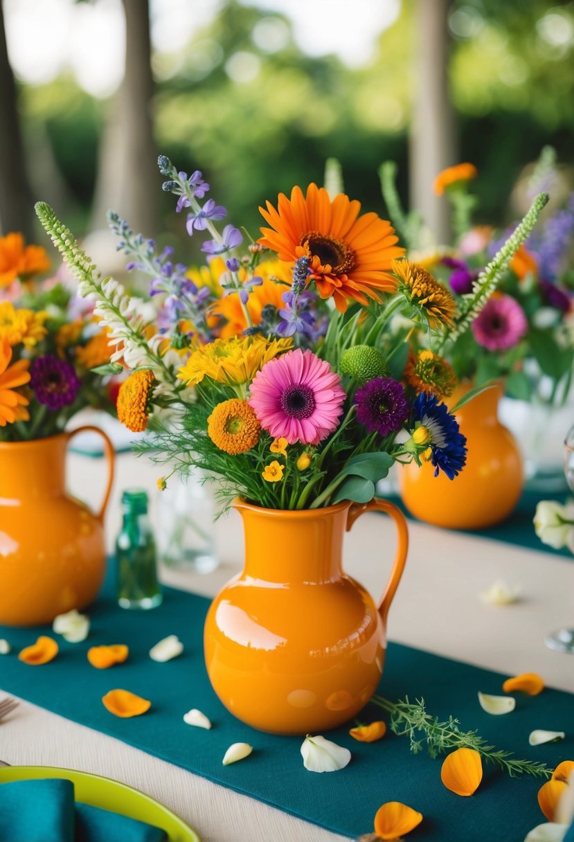 Colorful wildflower bouquets in orange vases adorn a whimsical wedding table, with scattered petals and greenery