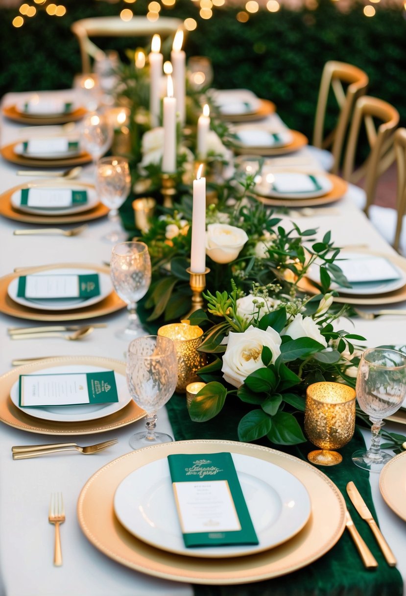 A lush green and gold table setting with elegant floral centerpieces and shimmering candlelight