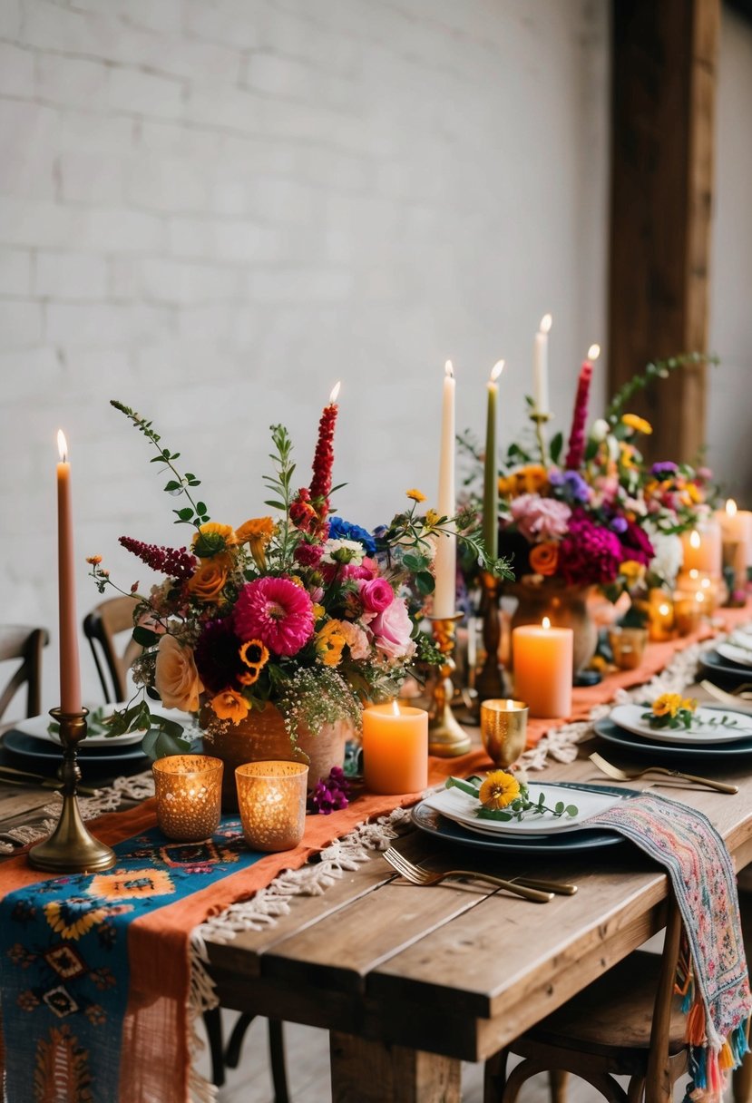 A rustic wooden table adorned with colorful floral arrangements, vintage candles, and bohemian textiles creates a charming boho-chic wedding centerpiece