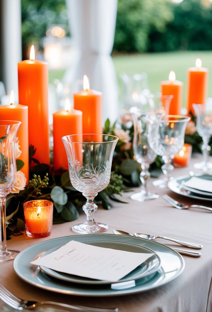 Elegant glassware and orange candles adorn a wedding table