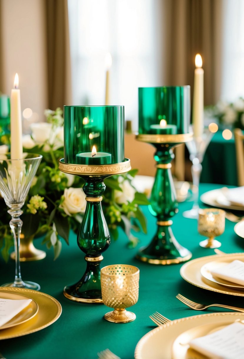 Emerald glass candleholders with gold trim adorn a lush green and gold wedding table, creating an elegant and luxurious atmosphere