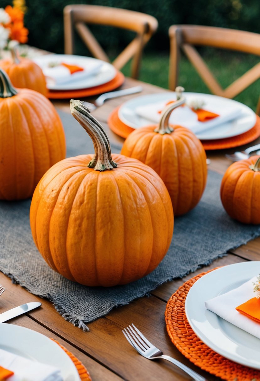 A burnt orange pumpkin sits among orange table decorations for a wedding