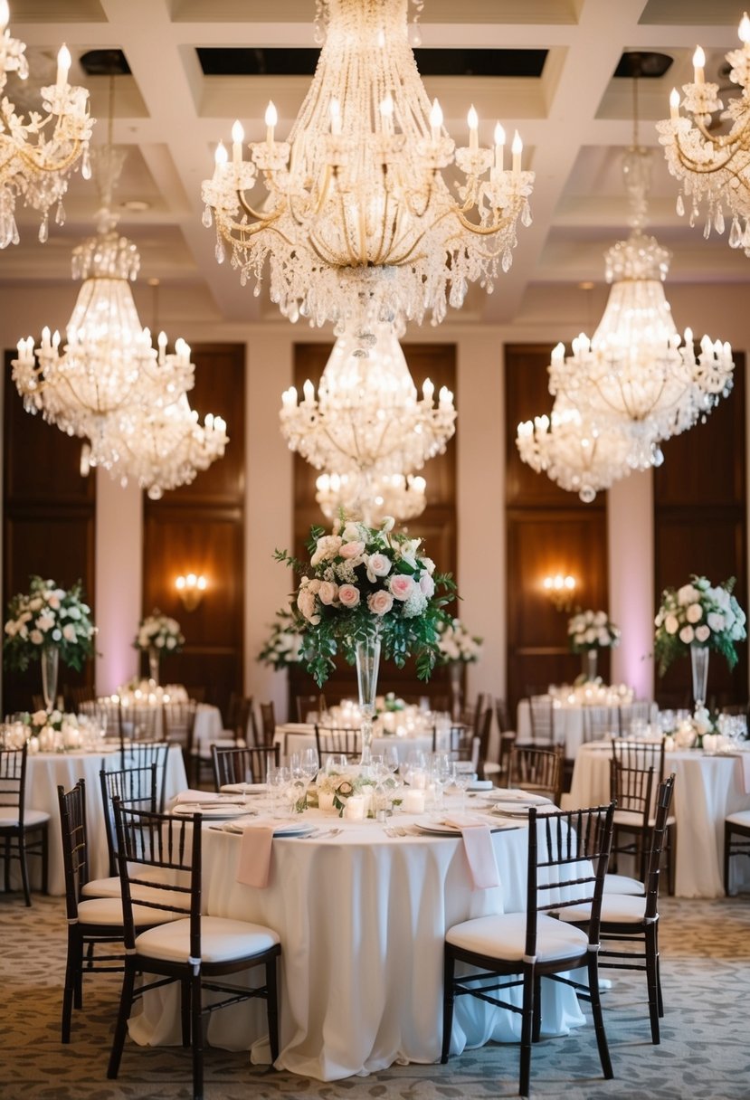 A grand indoor wedding table adorned with enchanting floral chandeliers