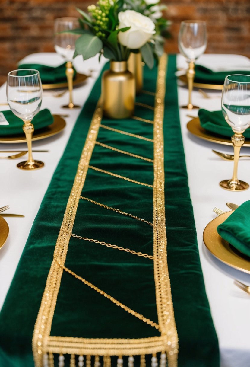 A velvet green table runner adorned with gold thread, complemented by green and gold wedding table decorations