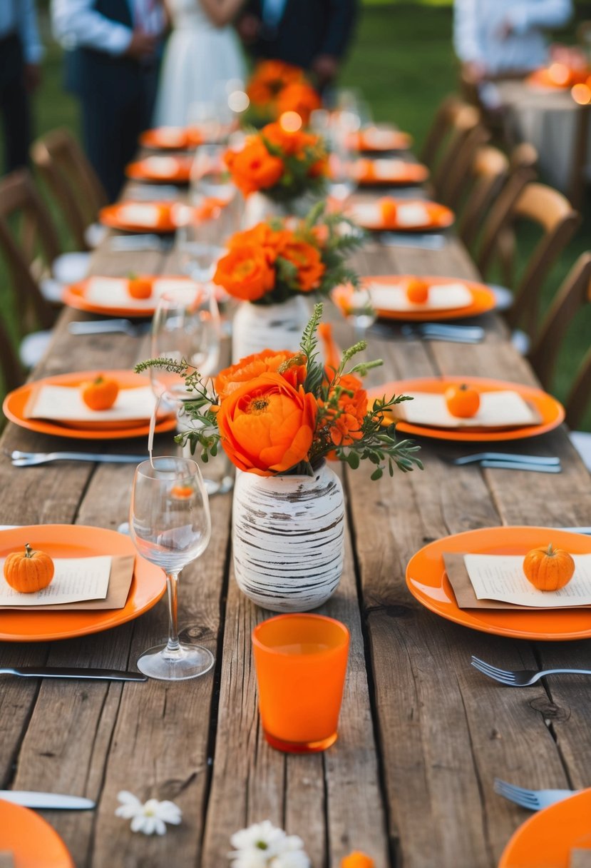 A rustic wooden table adorned with orange wedding decorations