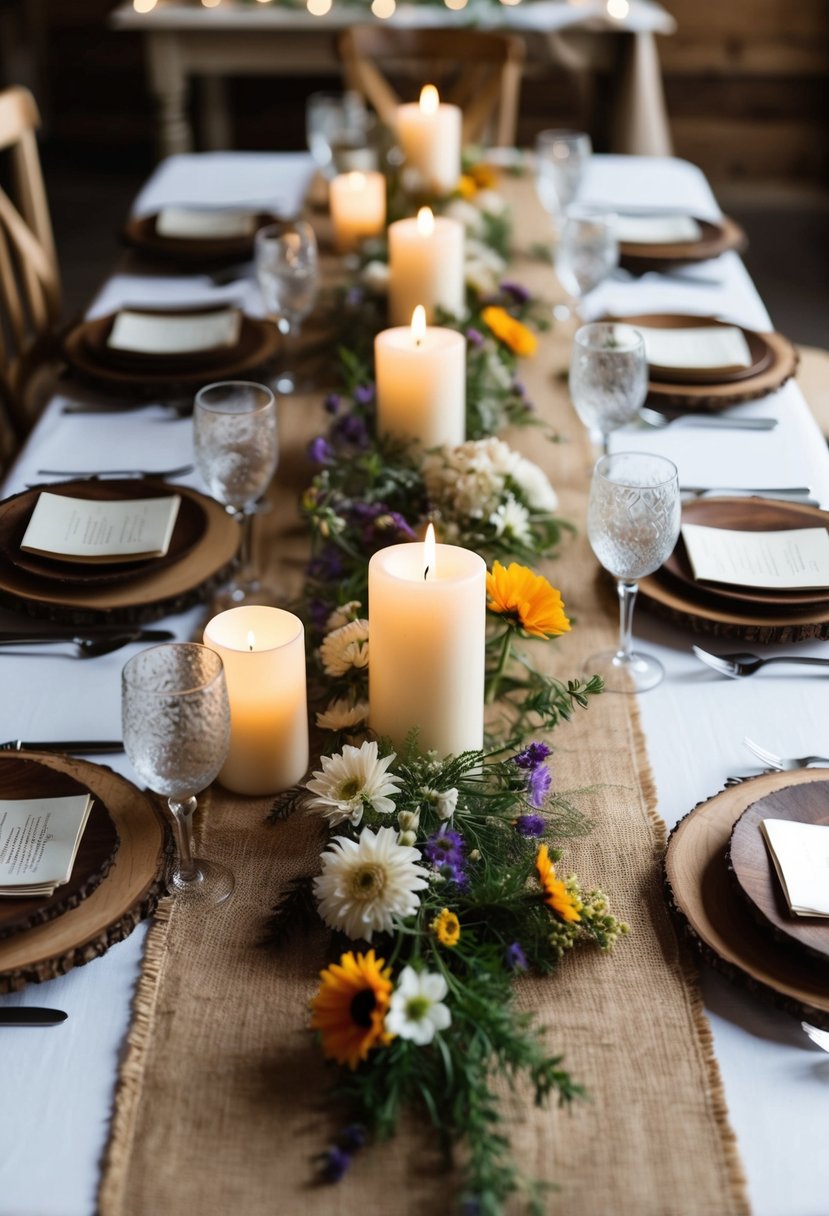 A burlap table runner adorned with wildflowers, candles, and wooden accents creates a rustic indoor wedding table decoration