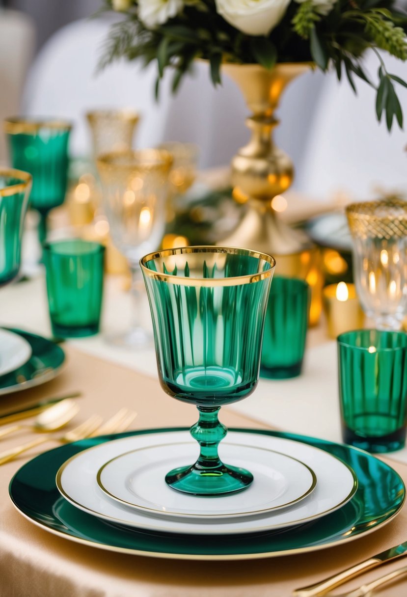 Gold-rimmed emerald glassware arranged on a table with gold accents for a luxurious wedding setting