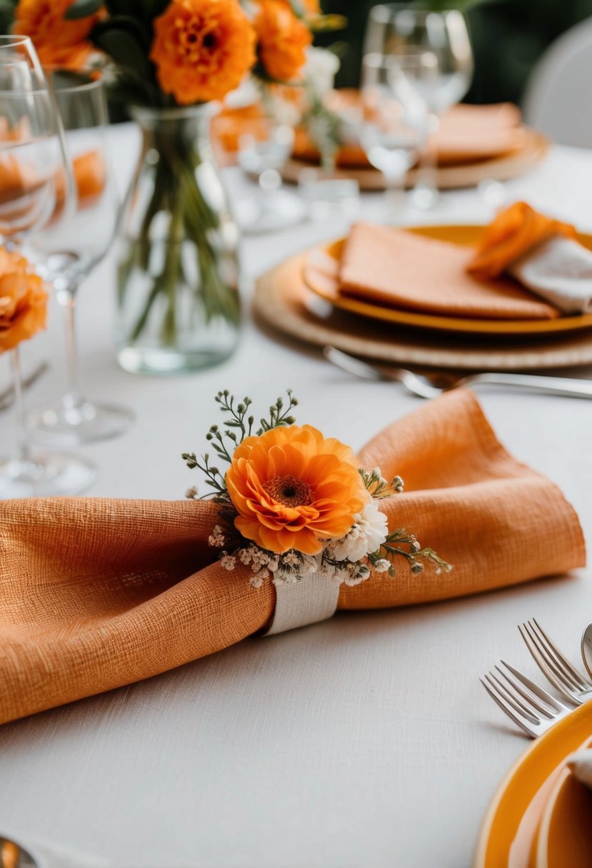 A table set with delicate floral napkin rings in shades of orange, creating an elegant and romantic wedding table decoration