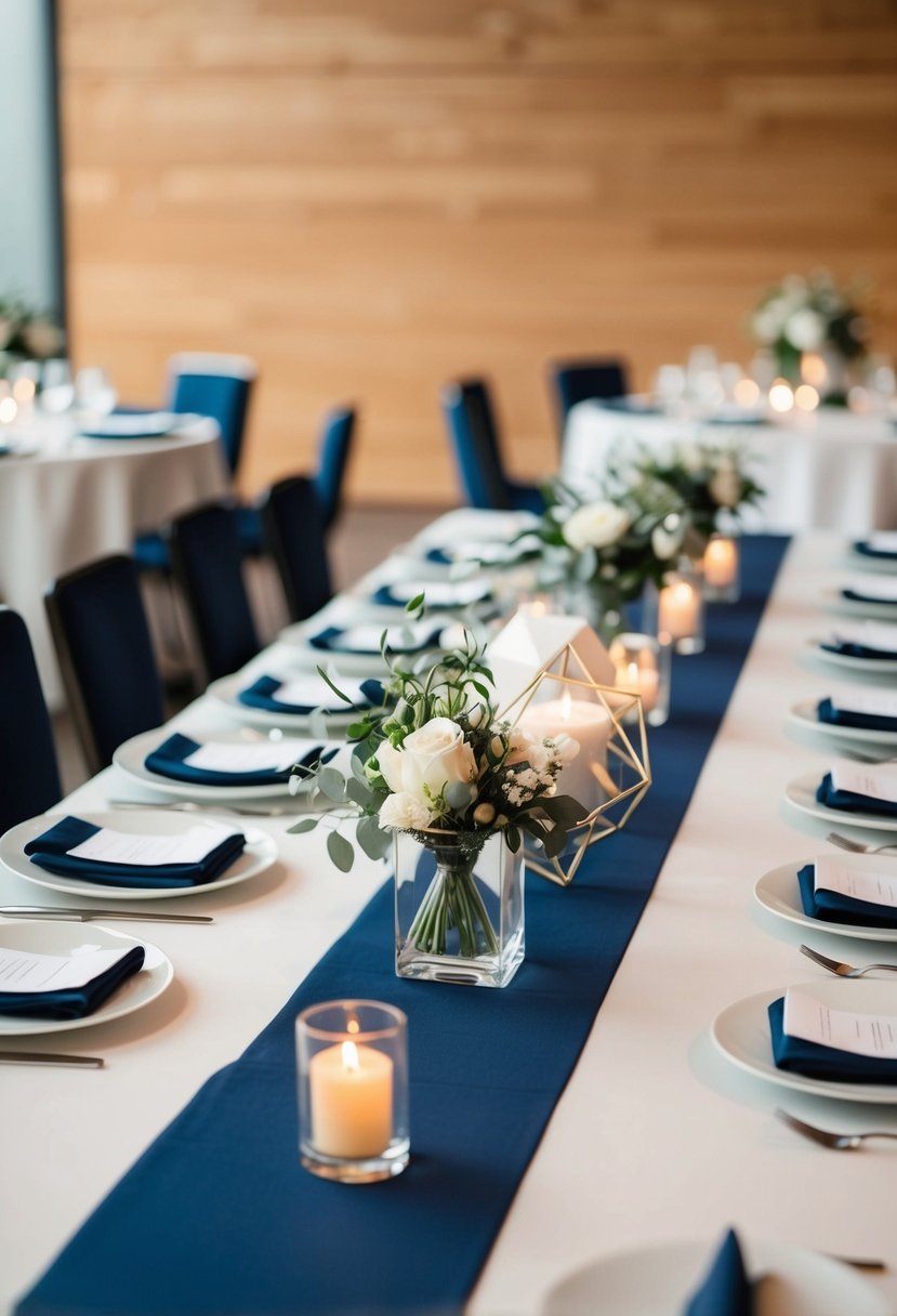 Geometric centerpieces and table runners in a modern indoor wedding setting