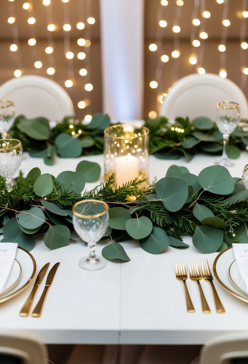 A wedding table adorned with green eucalyptus garlands and gold fairy lights