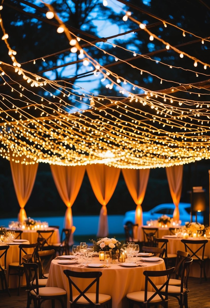 A canopy of fairy lights drapes over tables, casting a warm orange glow for a wedding reception