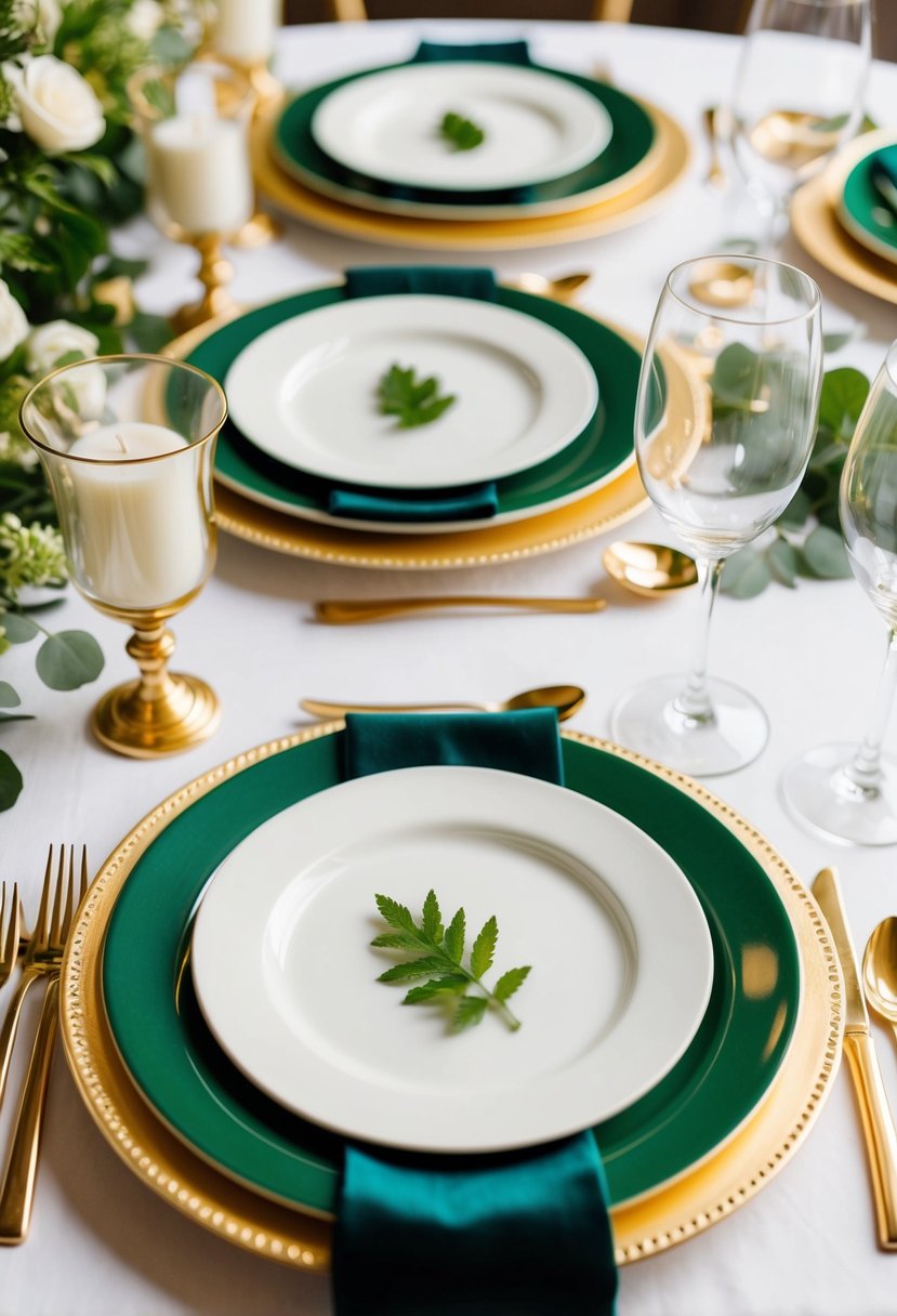 Gold chargers with green and white plates arranged in an elegant setting, complemented by green and gold wedding table decorations