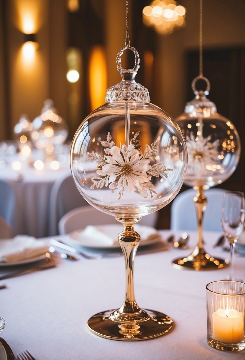 Elegant glass ornaments adorn a wedding table, reflecting soft indoor lighting