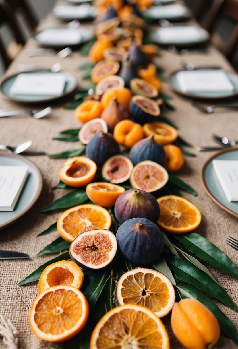 A table adorned with dried orange slices, figs, and apricots, creating a warm and rustic wedding decor