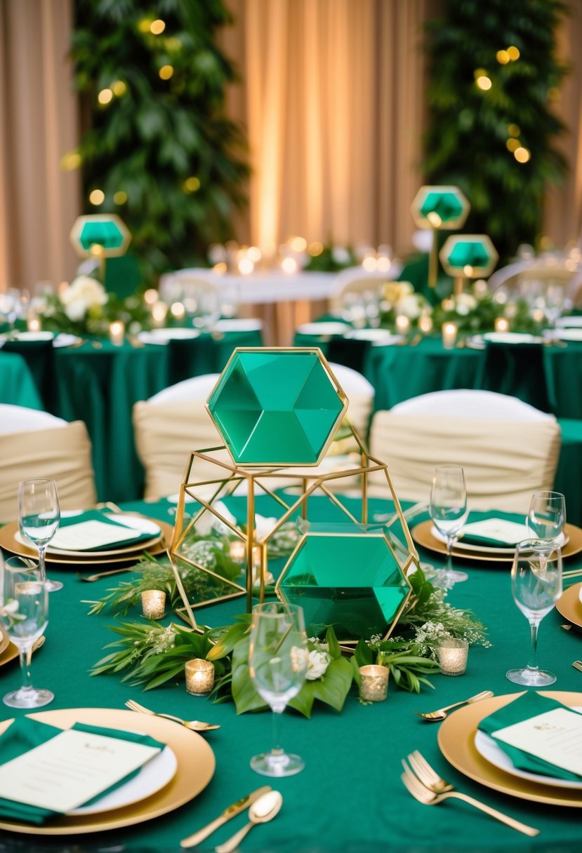 Emerald and gold geometric table centerpieces adorn a lush green and gold wedding table, creating a luxurious and elegant atmosphere