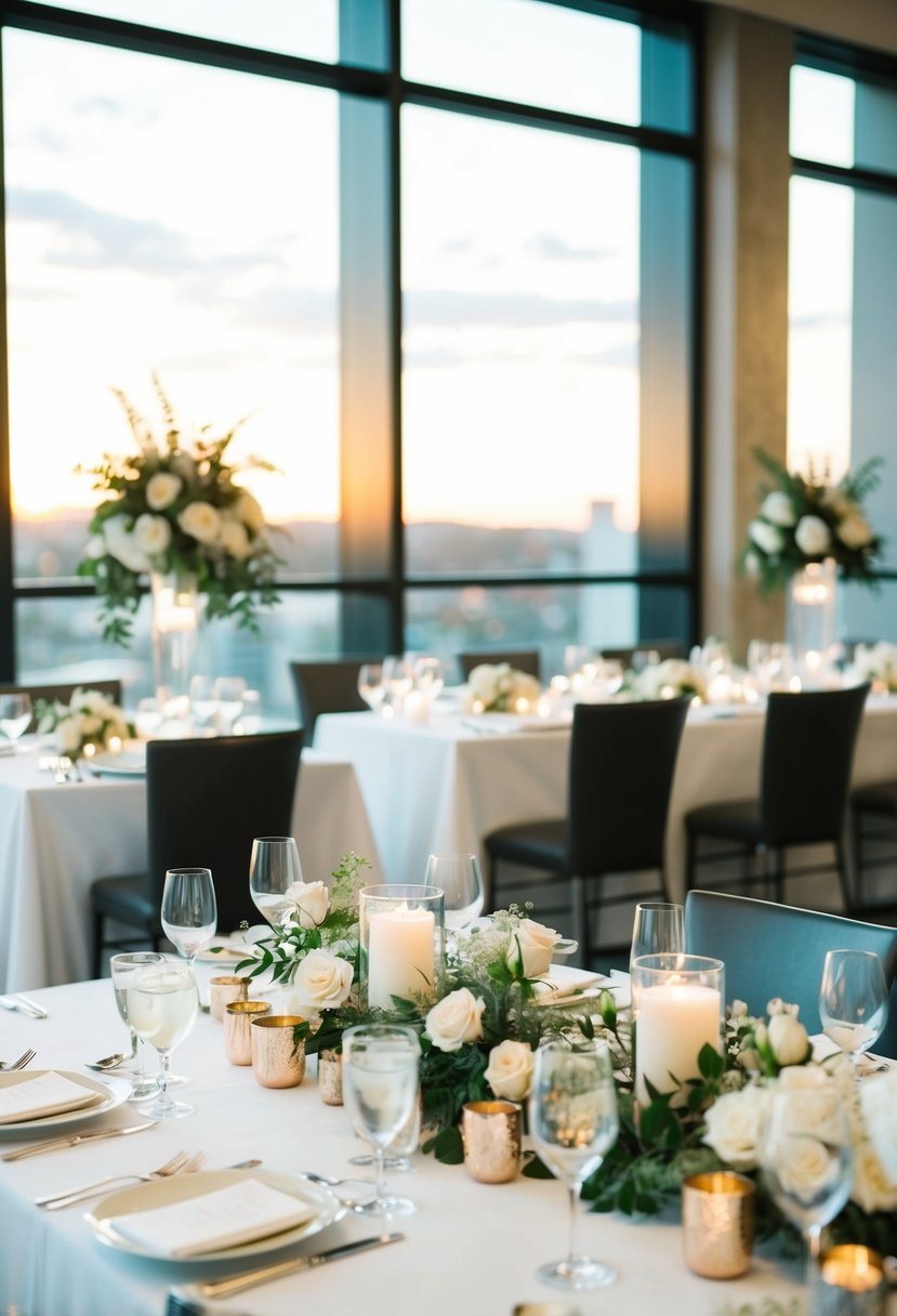 A modern indoor wedding table adorned with sleek metal accents and elegant decorations