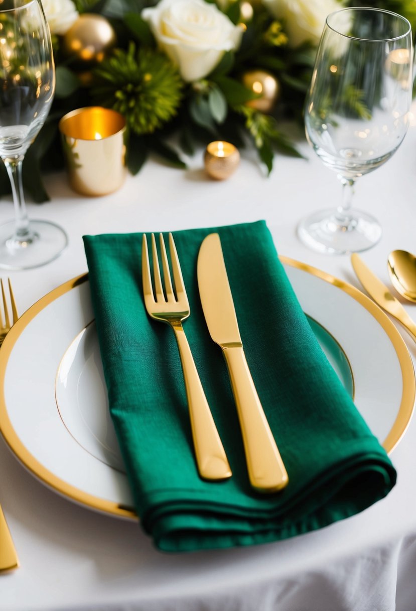 Gold cutlery rests on green napkins, set against a table adorned with green and gold wedding decorations