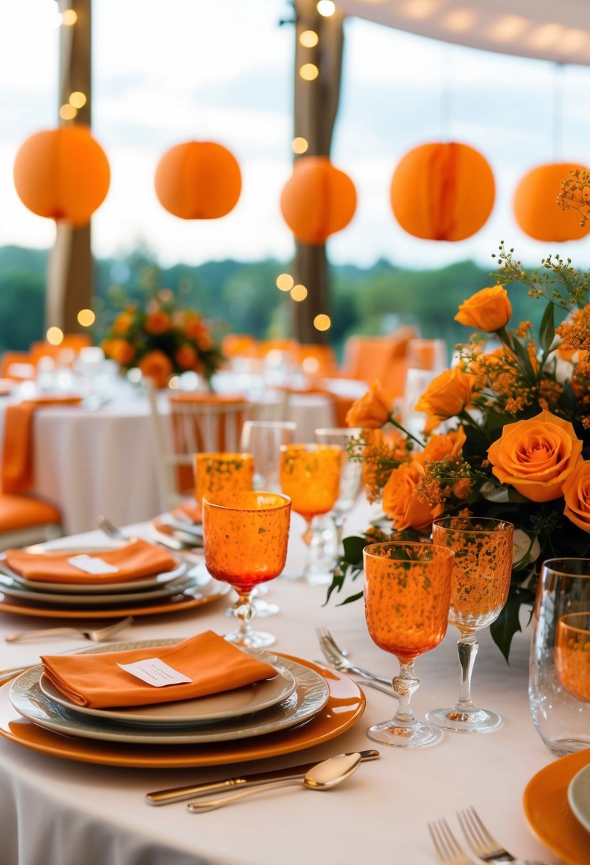 A table set with elegant orange-themed glassware for a wedding decoration