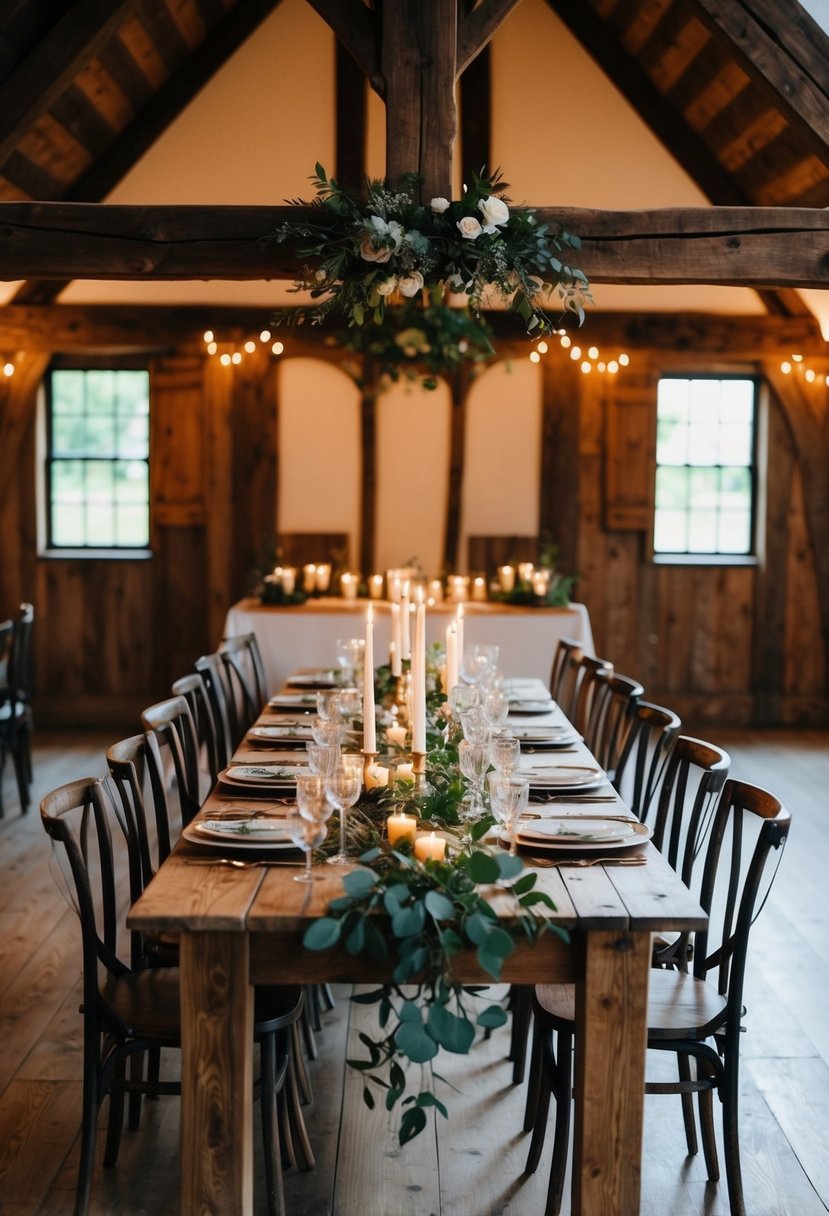 A rustic wooden table adorned with greenery and candles, set beneath traditional wooden beams for an indoor wedding celebration