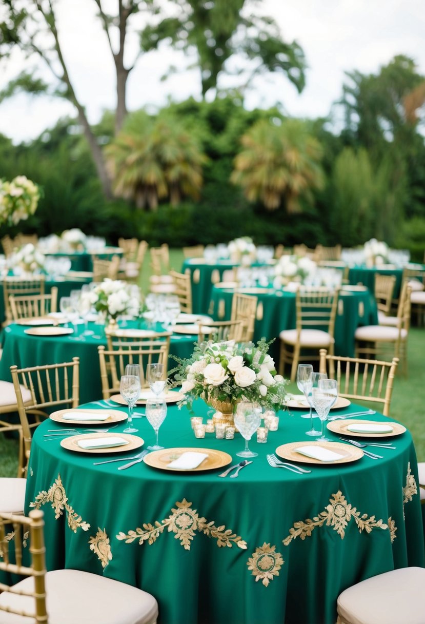 Green and gold embroidered table cloths cover the tables, adorned with matching centerpieces and place settings for a wedding celebration