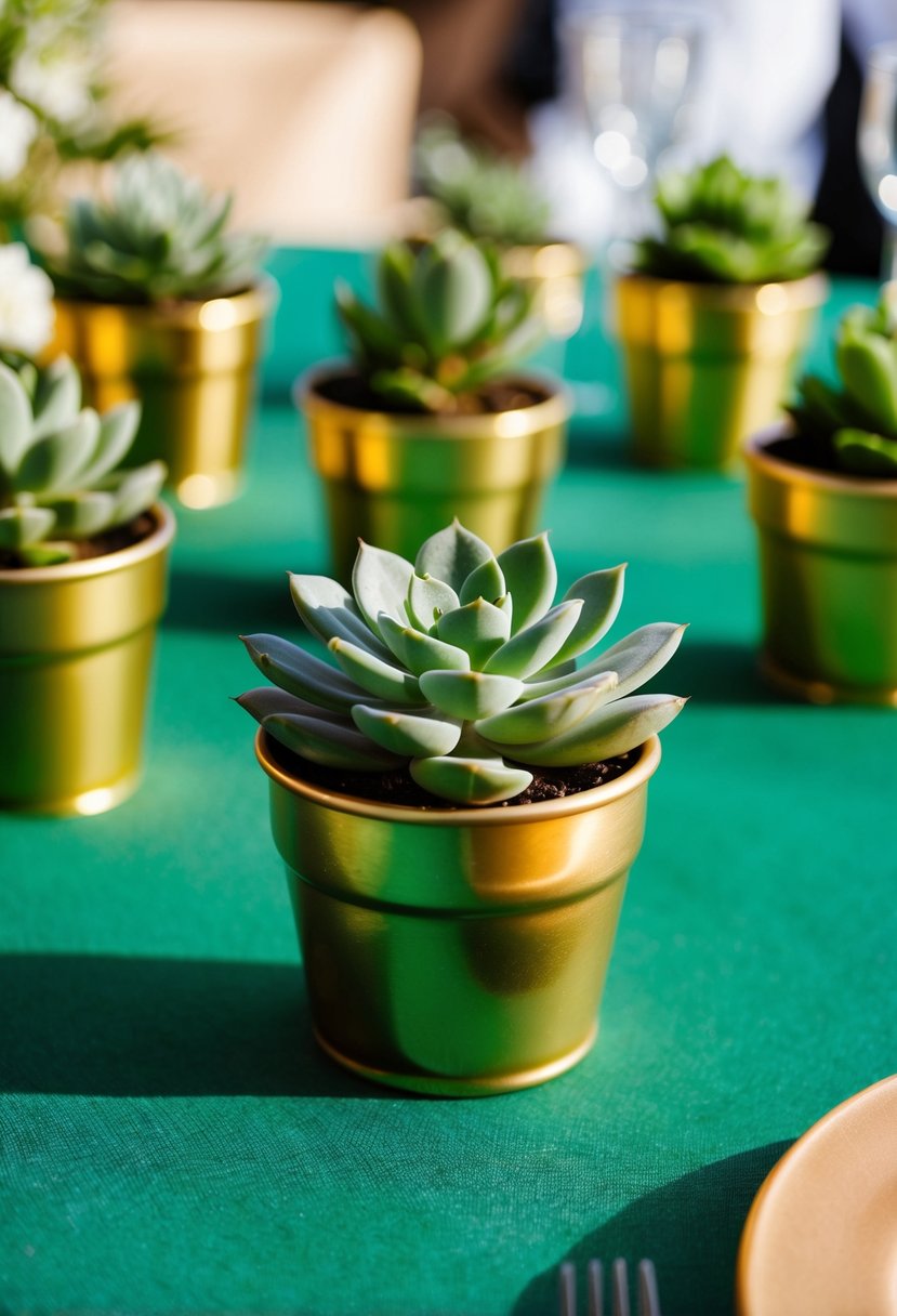 Mini gold pots hold green succulents, arranged on a table for a green and gold wedding theme