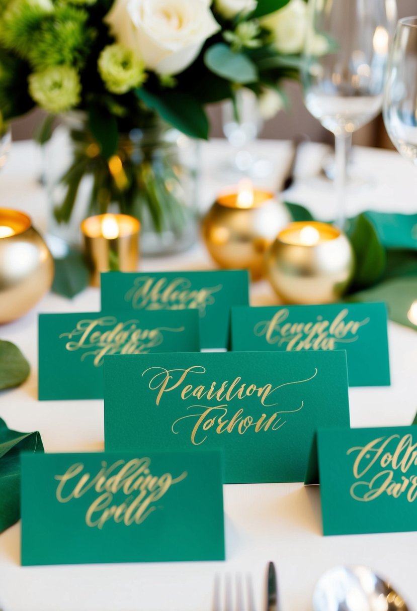 Pearlescent green place cards arranged amidst gold calligraphy, complementing green and gold wedding table decorations