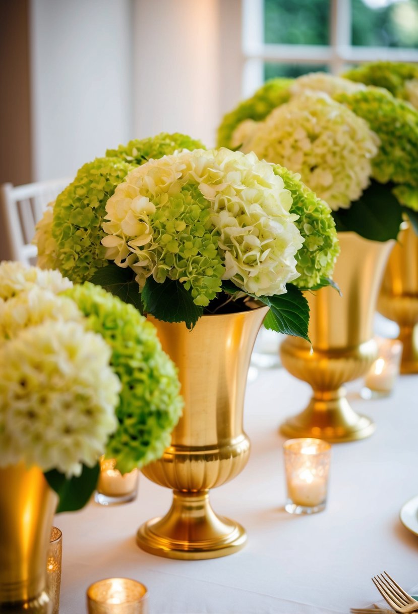 Gold vases hold lush green hydrangeas, arranged on a wedding table