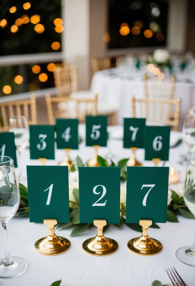 Green and gold table number holders arranged on a wedding reception table