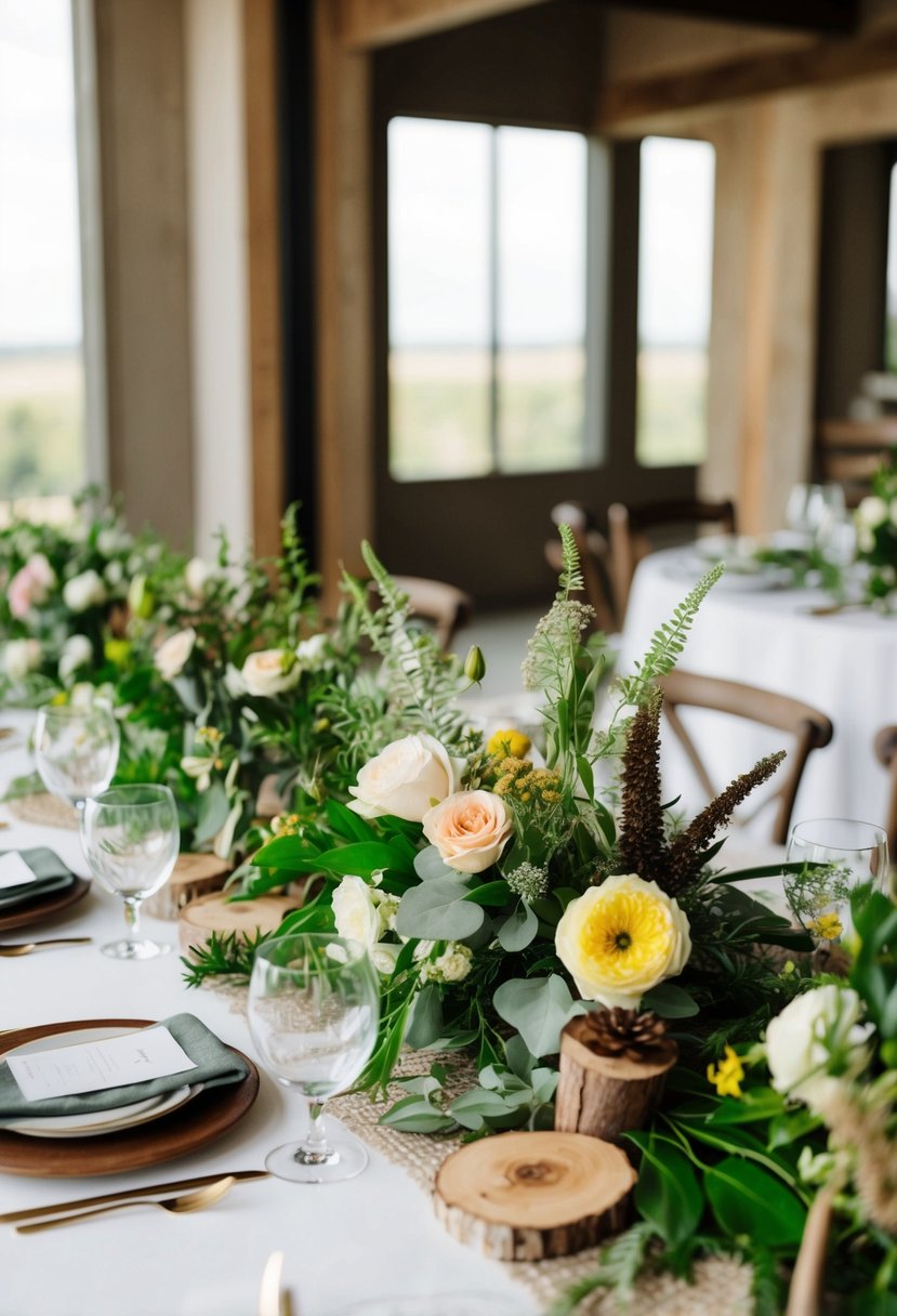 A table adorned with fresh flowers, greenery, and natural elements like wooden accents and earthy tones