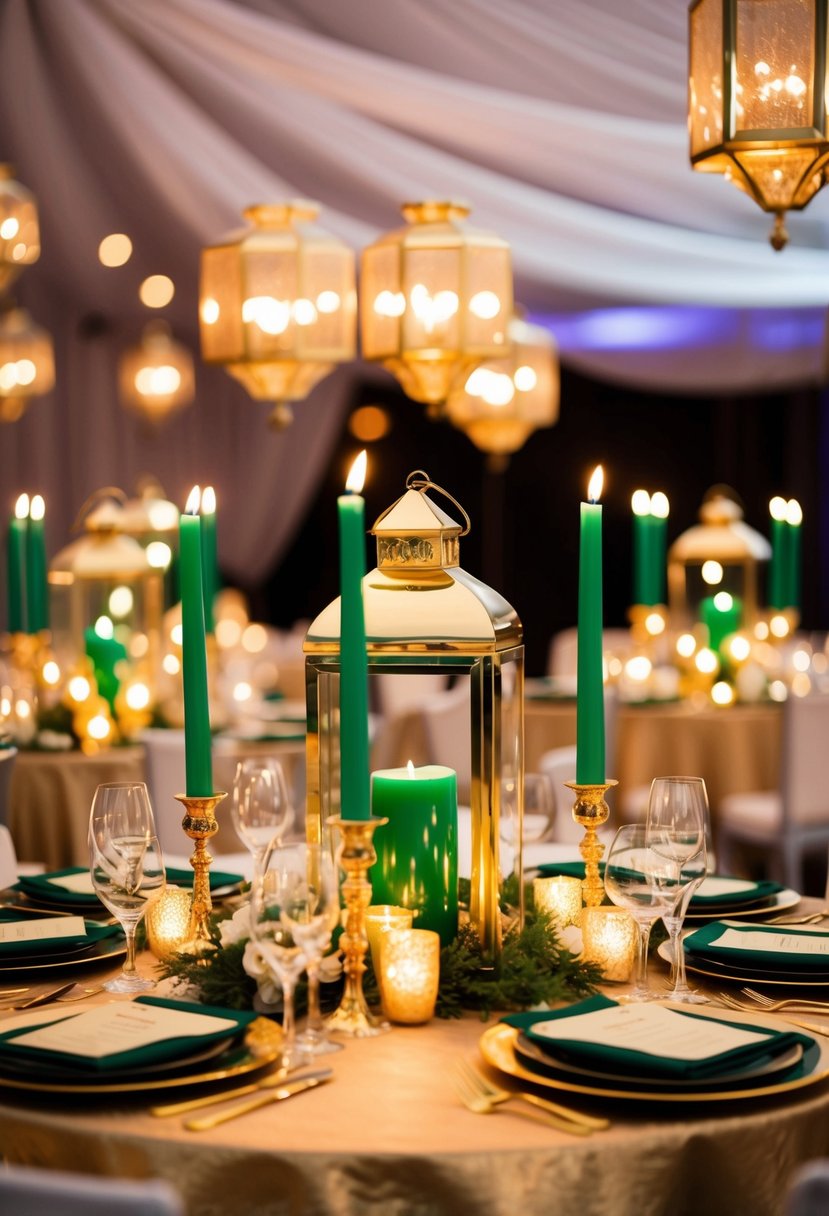 Golden lanterns with emerald candles illuminate a lavish wedding table